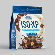 Applied Nutrition ISO-XP Whey Protein Isolate package with chocolate and hazelnut flavor on a gray background